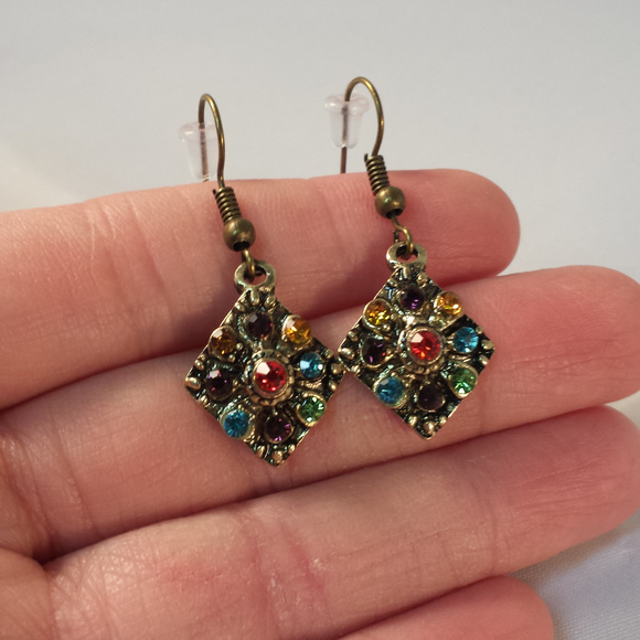 Gold Multi Color Crystal Diamond Earrings HypoA Hk - Picture 2 of 2